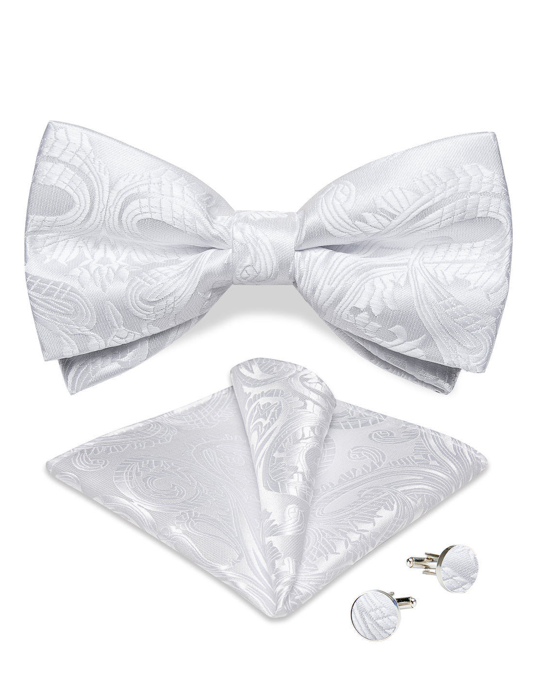 White Floral Silk Bowtie Pocket Square Cufflinks Set