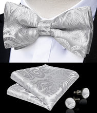 Silver Grey Floral Silk Bowtie Pocket Square Cufflinks Set