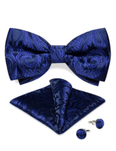 Blue Floral Silk Bowtie Pocket Square Cufflinks Set