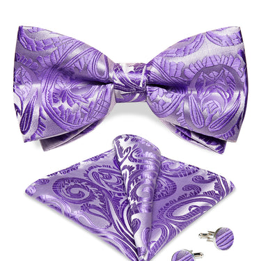 Silver Blue Purple Floral Silk Bowtie Pocket Square Cufflinks Set