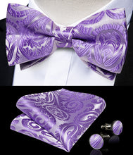 Silver Blue Purple Floral Silk Bowtie Pocket Square Cufflinks Set
