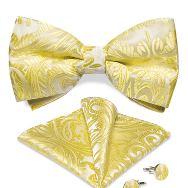 Yellow Floral Silk Bowtie Pocket Square Cufflinks Set