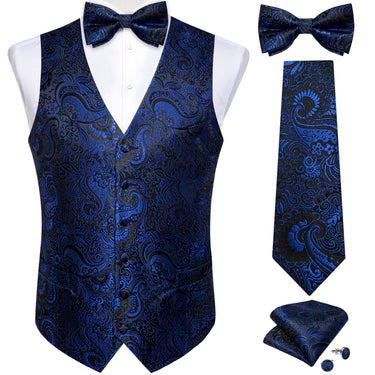 Casual Black Blue Floral Jacquard Silk Waistcoat Vest Necktie Bowtie Handkerchief Cufflinks Set