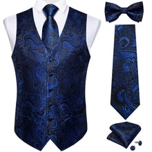 Casual Black Blue Floral Jacquard Silk Waistcoat Vest Necktie Bowtie Handkerchief Cufflinks Set