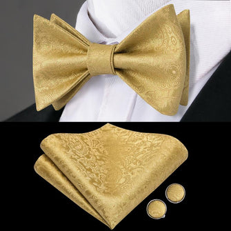 paisley gold bow tie handkerchief cufflinks set for mens
