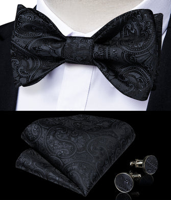mens silk paisley black bow tie handkerchief cufflinks set