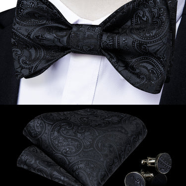 Black Paisley Silk Bowtie Pocket Square Cufflinks Set