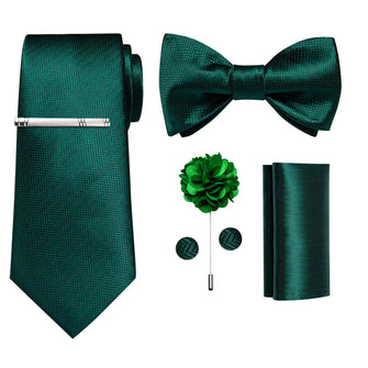 Green Plaid Bowtie Necktie Hanky Cufflinks Brooch Clip Set