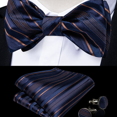 Navy-Blue Golden Striped Self-Bowtie Pocket Square Cufflinks Set
