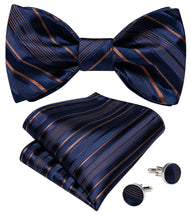 Navy-Blue Golden Striped Self-Bowtie Pocket Square Cufflinks Set