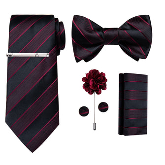 Black Red Striped Bowtie Necktie Hanky Cufflinks Brooch Clip Set