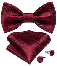 Red Solid Silk Self-Bowtie Pocket Square Cufflinks Set