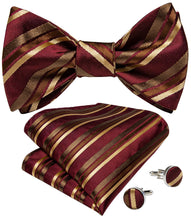 Brown Gold Striped Silk Self-Bowtie Pocket Square Cufflinks Set