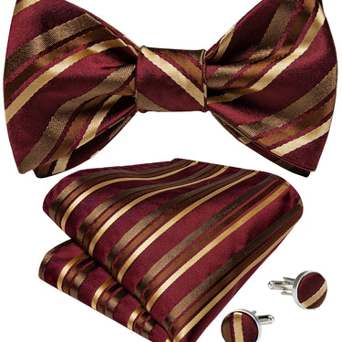 Brown Gold Striped Silk Self-Bowtie Pocket Square Cufflinks Set