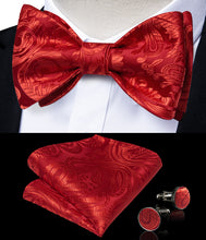 Red Floral Silk Self-Bowtie Pocket Square Cufflinks Set