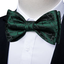 Green Black Stripe Silk Bowtie Pocket Square Cufflinks Set