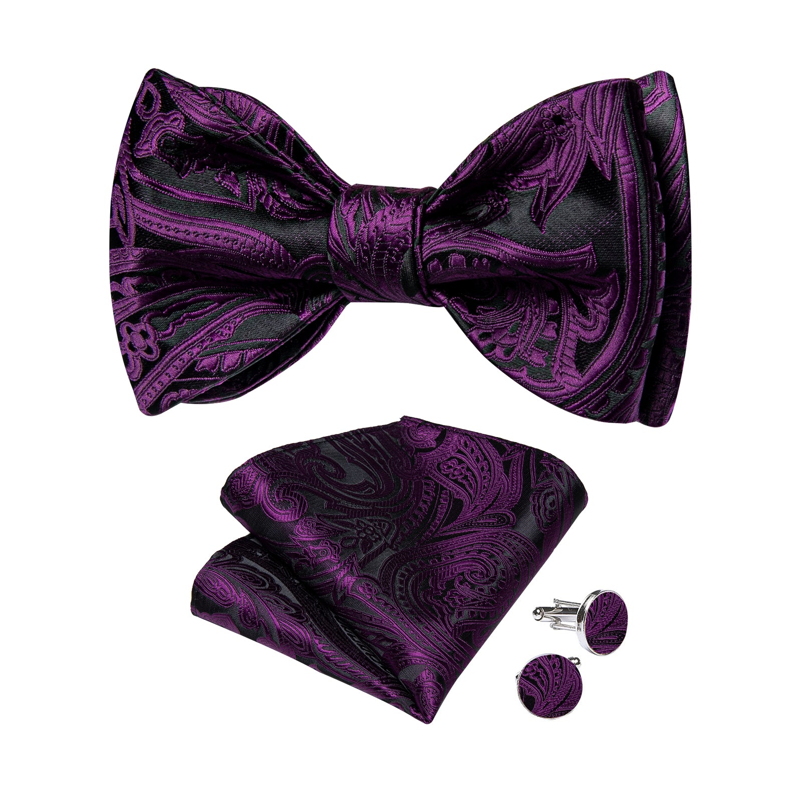 Black Purple Floral Silk Bowtie Pocket Square Cufflinks Set