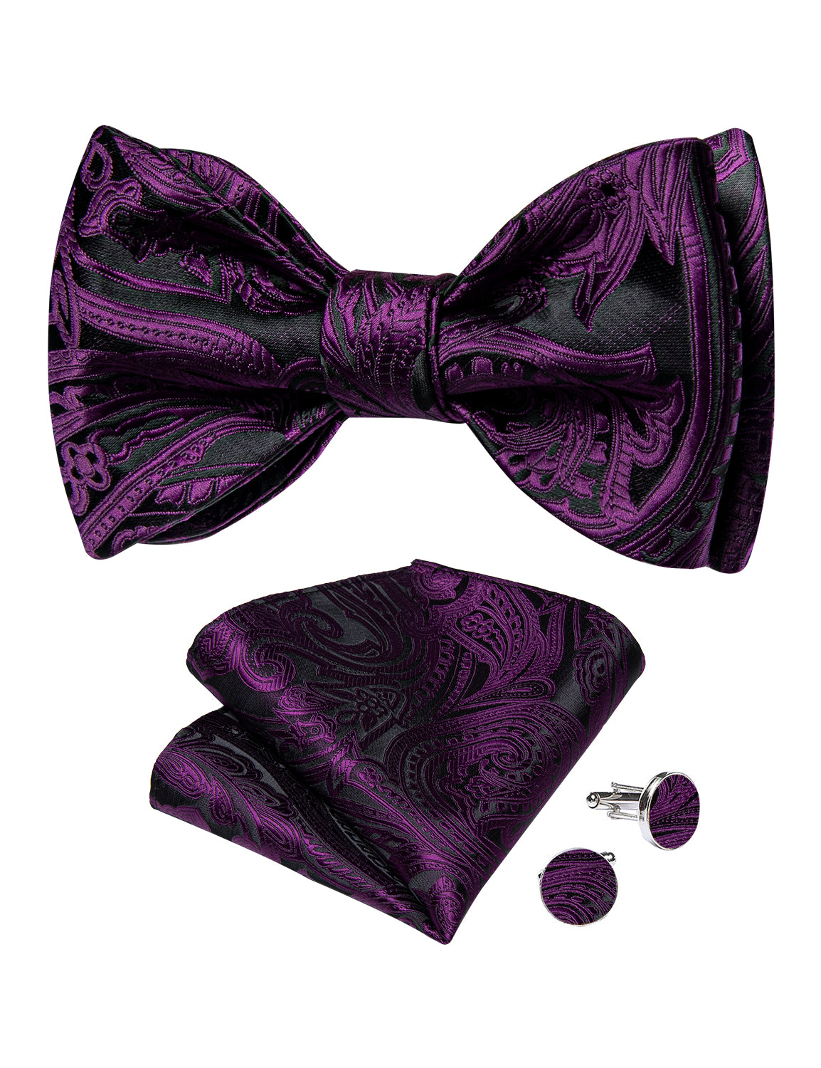 Black Purple Floral Silk Bowtie Pocket Square Cufflinks Set