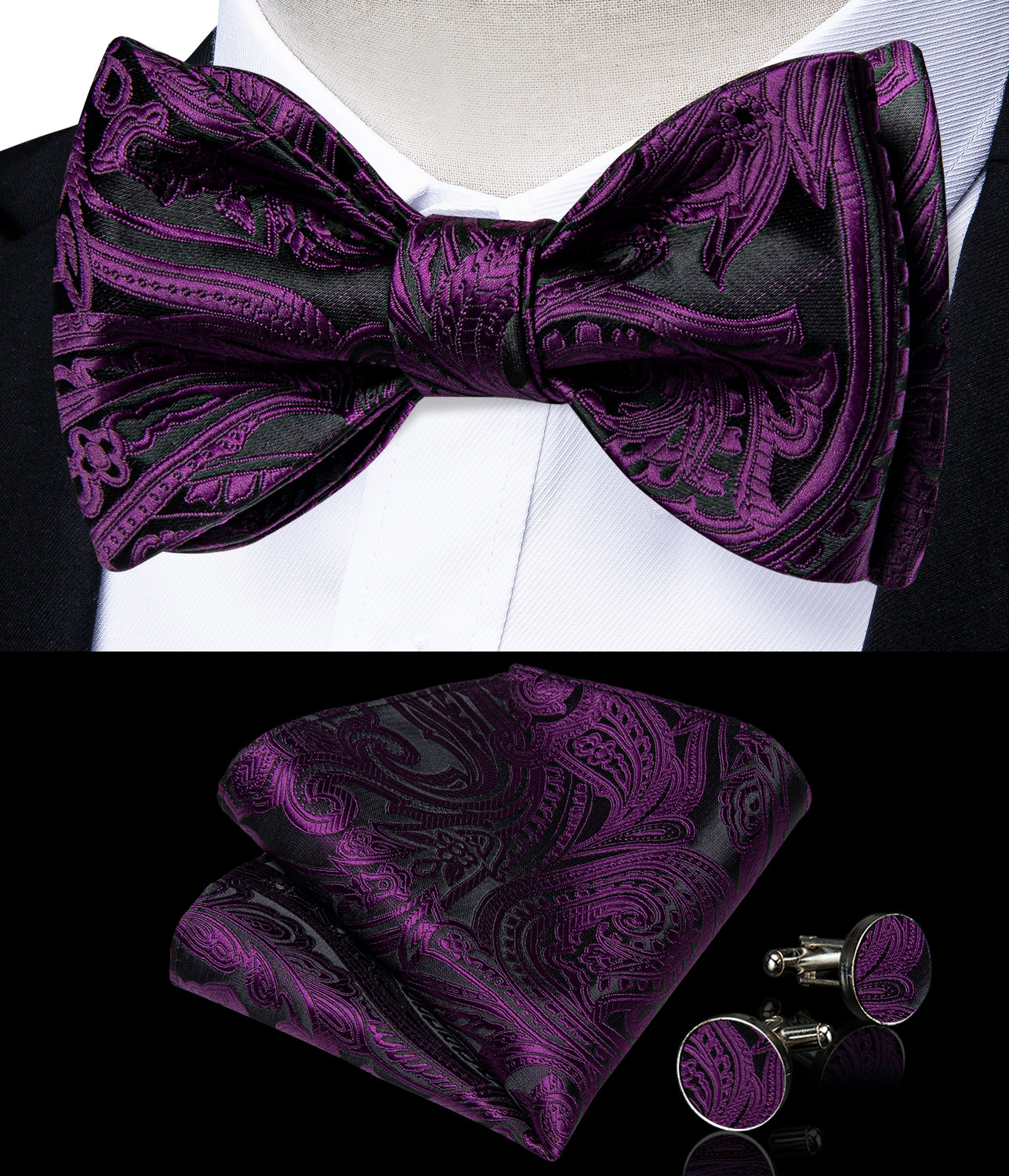 Black Purple Floral Silk Bowtie Pocket Square Cufflinks Set