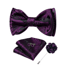 Dark Purple Floral Self-Bowtie Pocket Square Cufflinks Set With Brooch