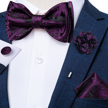 New Dark Purple Floral Self-Bowtie Pocket Square Cufflinks Set With Brooch