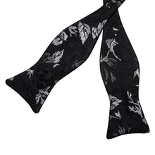Black Silver Color Floral Silk Bowtie Pocket Square Cufflinks Set