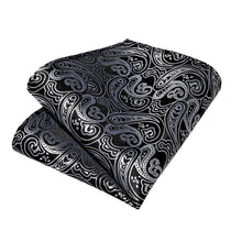 Black White Floral Silk Bowtie Pocket Square Cufflinks Set