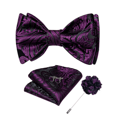 Dark Purple Floral Silk Self-Bowtie Pocket Square Cufflinks Set with Brooch