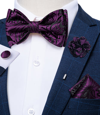 Dark Purple Floral Silk Self-Bowtie Pocket Square Cufflinks Set with Brooch