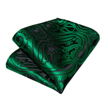 Black Green Floral Silk Bowtie Pocket Square Cufflinks Set