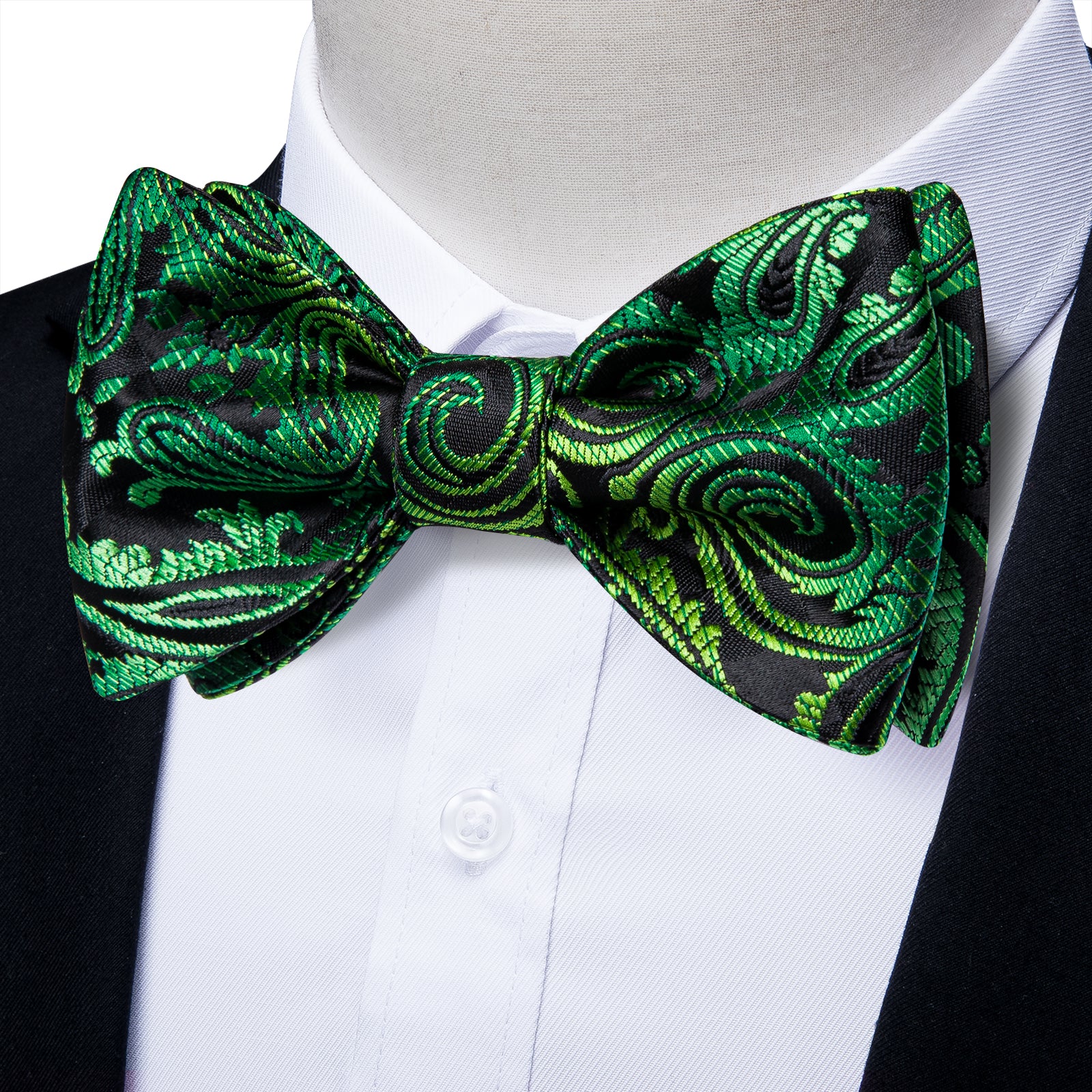 Green Golden Floral Silk Bowtie Pocket Square Cufflinks Set
