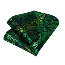 Green Golden Floral Silk Bowtie Pocket Square Cufflinks Set