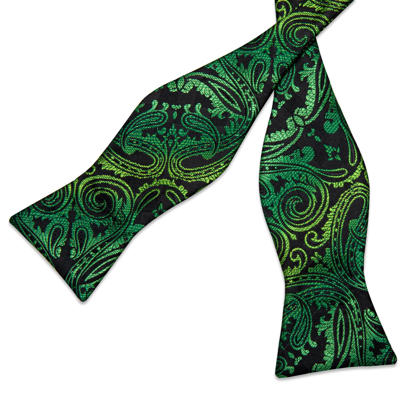 Green Golden Floral Silk Bowtie Pocket Square Cufflinks Set