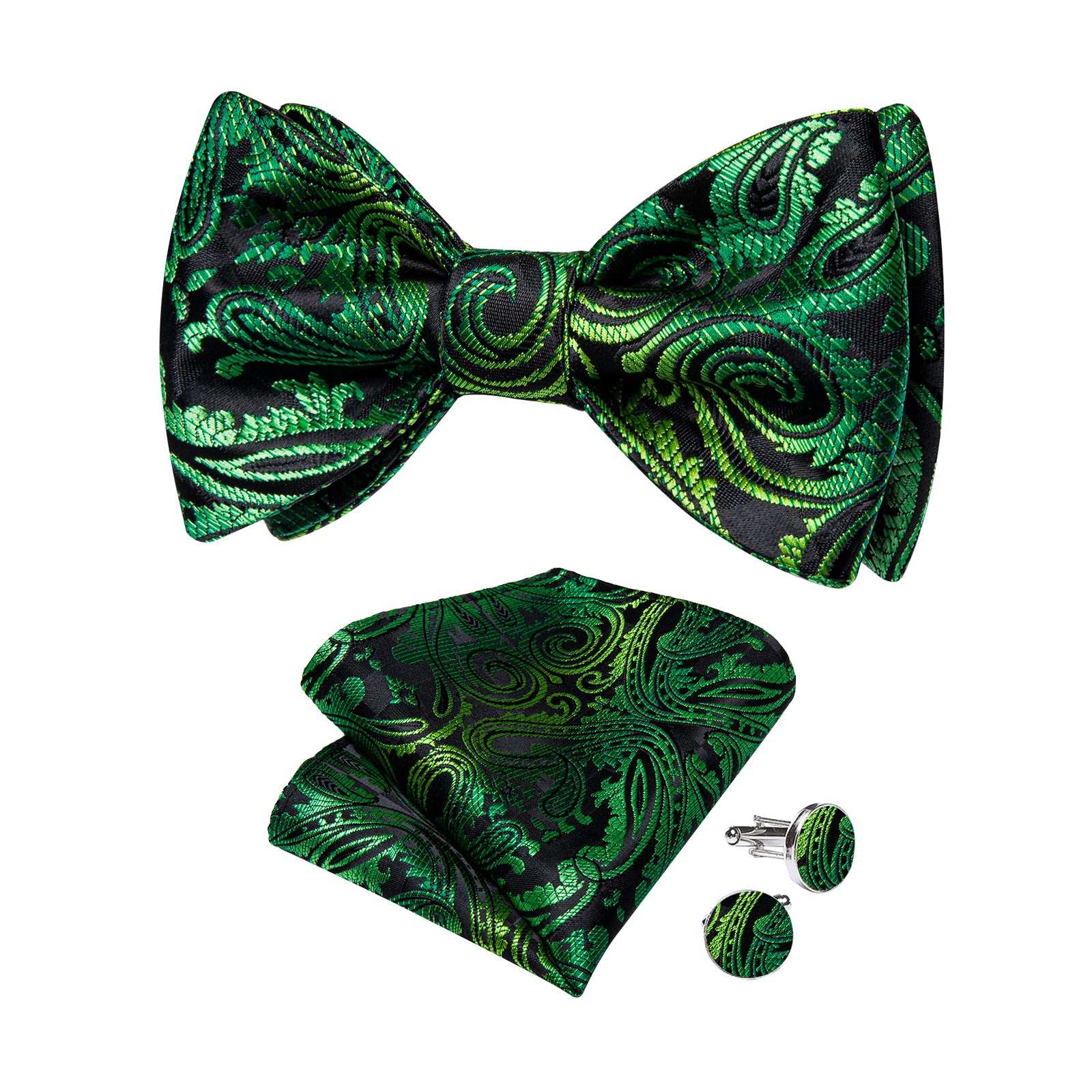Green Golden Floral Silk Bowtie Pocket Square Cufflinks Set