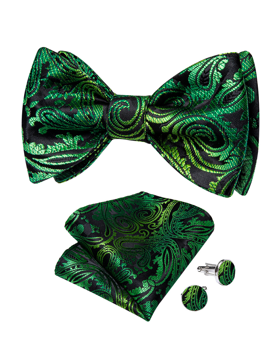 Green Golden Floral Silk Bowtie Pocket Square Cufflinks Set