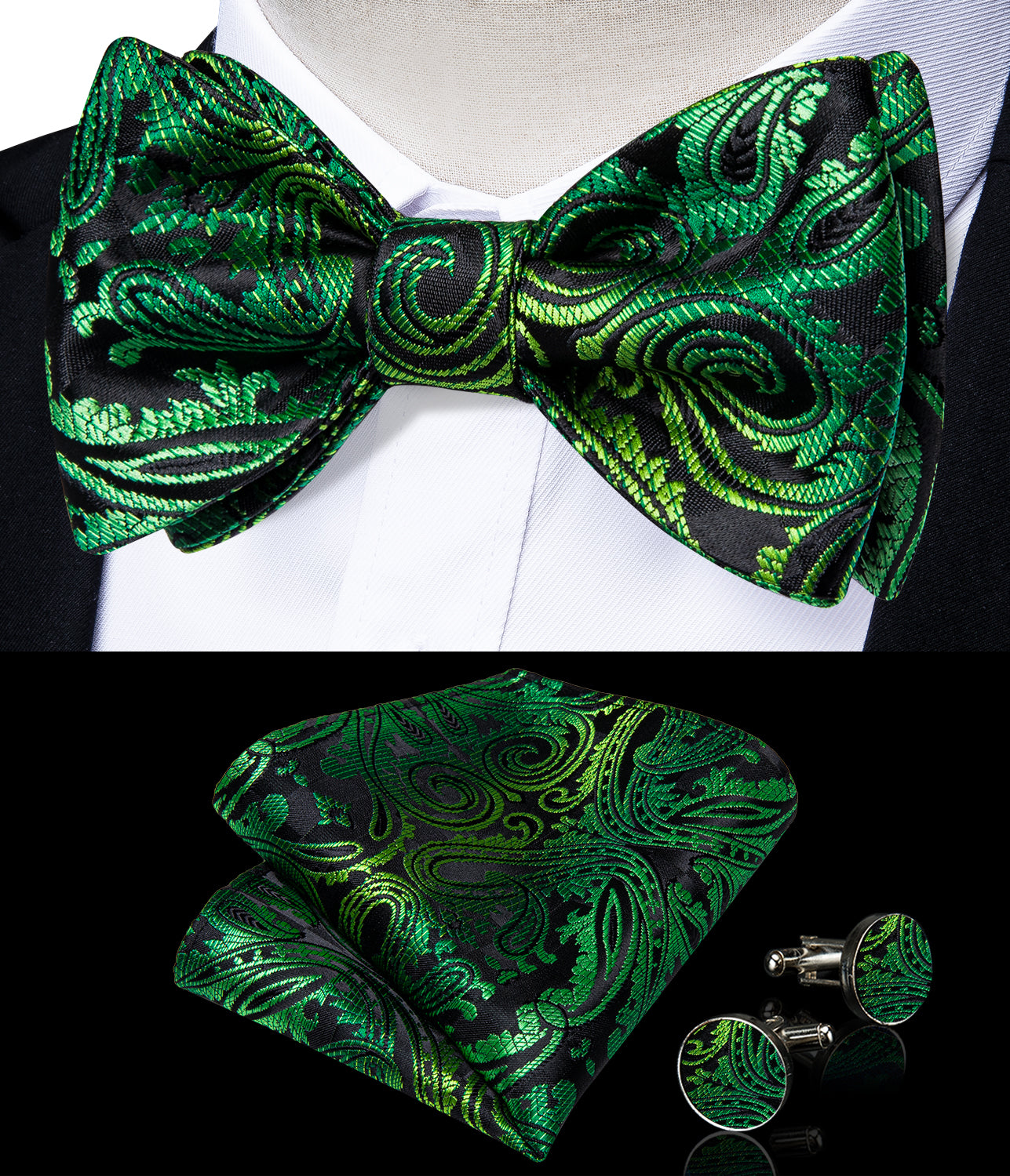 Green Golden Floral Silk Bowtie Pocket Square Cufflinks Set