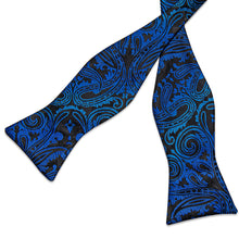 Black Blue Floral Silk Bowtie Pocket Square Cufflinks Set