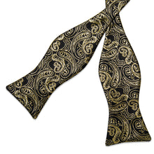 Black Golden Floral Silk Bowtie Pocket Square Cufflinks Set
