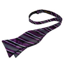 Purple Black White Stripe Silk Bowtie Pocket Square Cufflinks Set