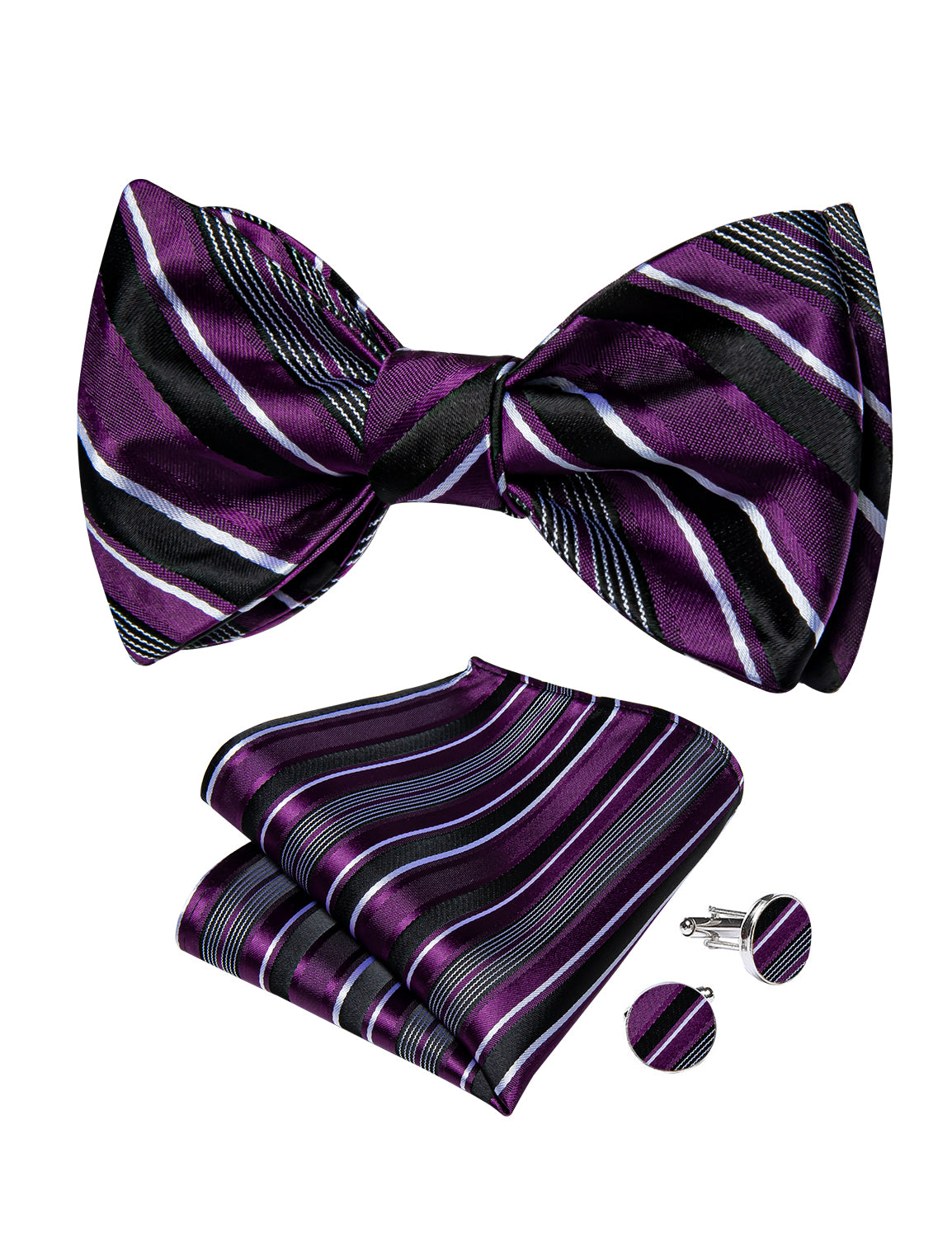 Purple Black White Stripe Silk Bowtie Pocket Square Cufflinks Set