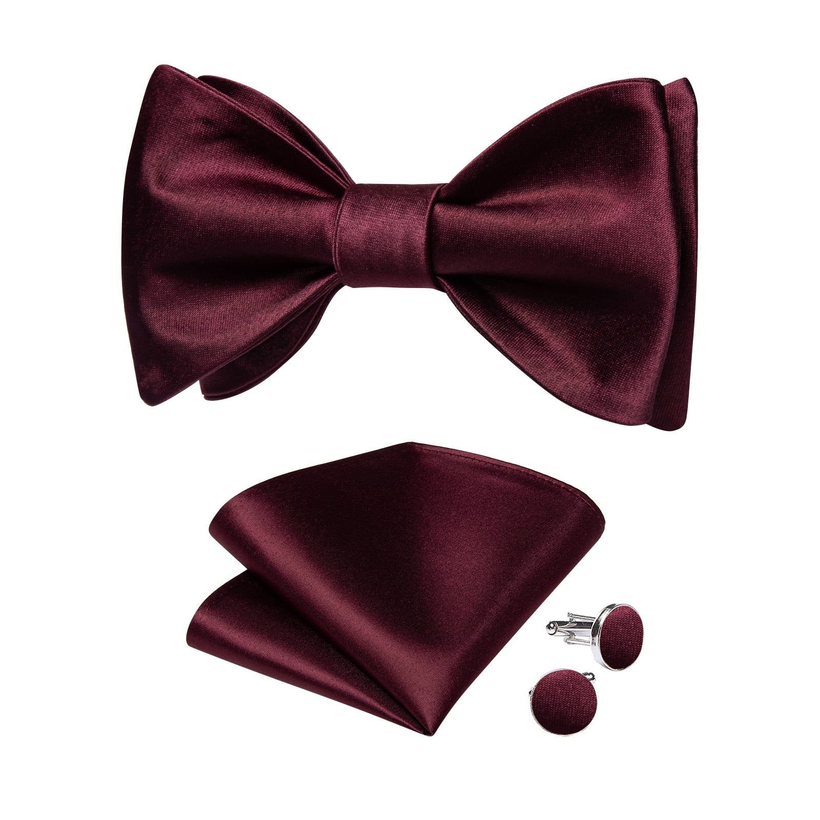 Claret Solid Silk Bowtie Pocket Square Cufflinks Set
