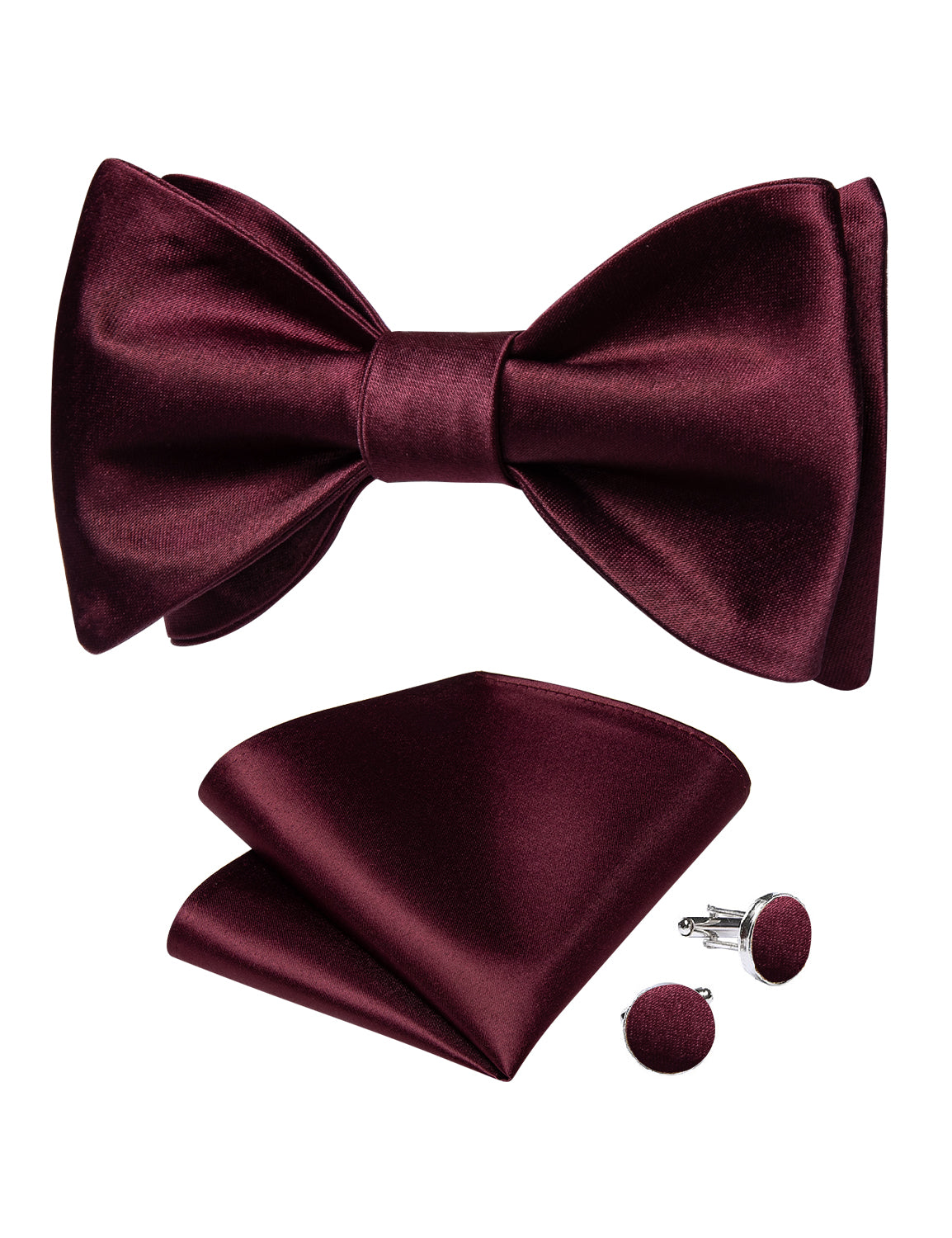 Claret Solid Silk Bowtie Pocket Square Cufflinks Set