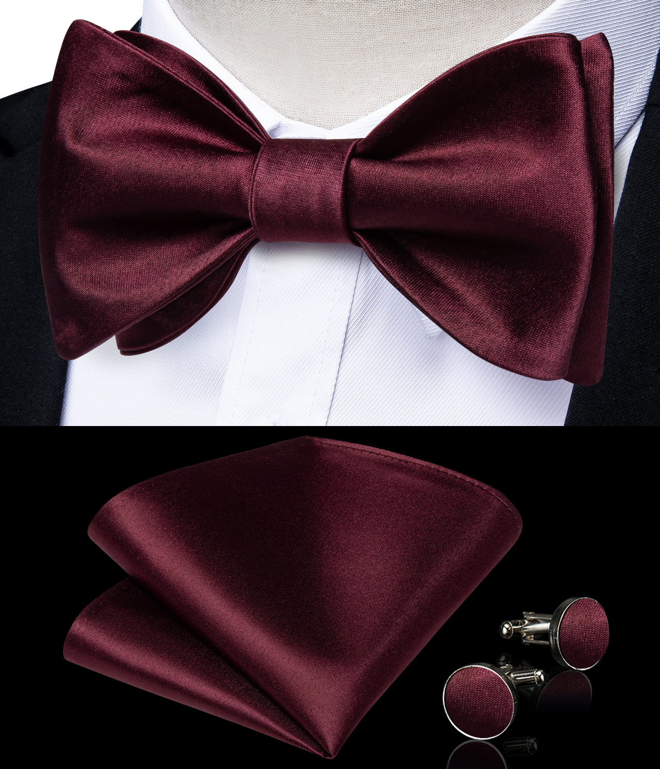 Claret Solid Silk Bowtie Pocket Square Cufflinks Set