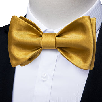 Golden Solid Silk Bowtie Pocket Square Cufflinks Set