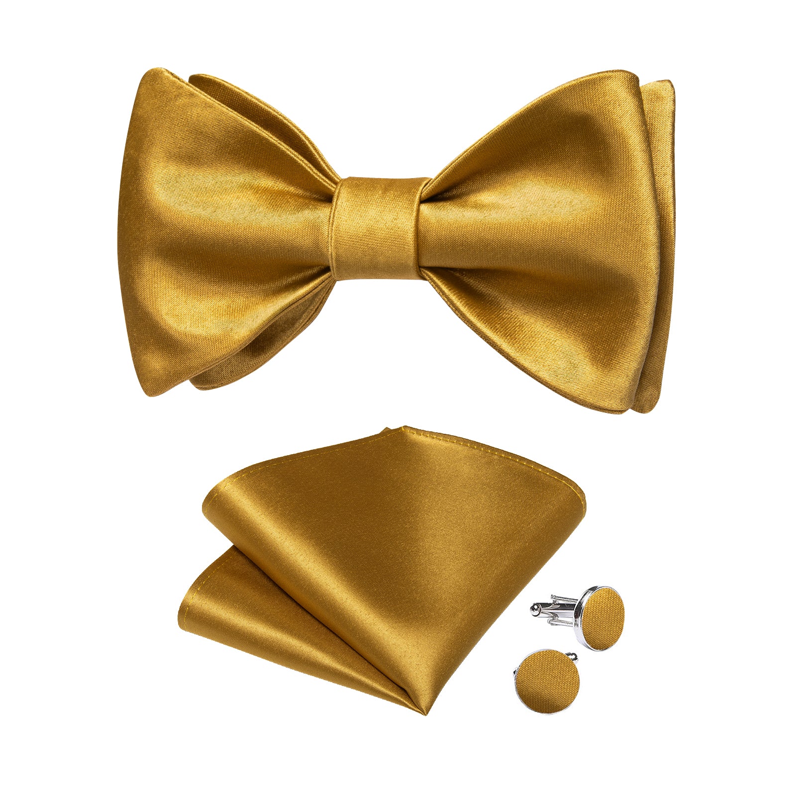Golden Solid Silk Bowtie Pocket Square Cufflinks Set