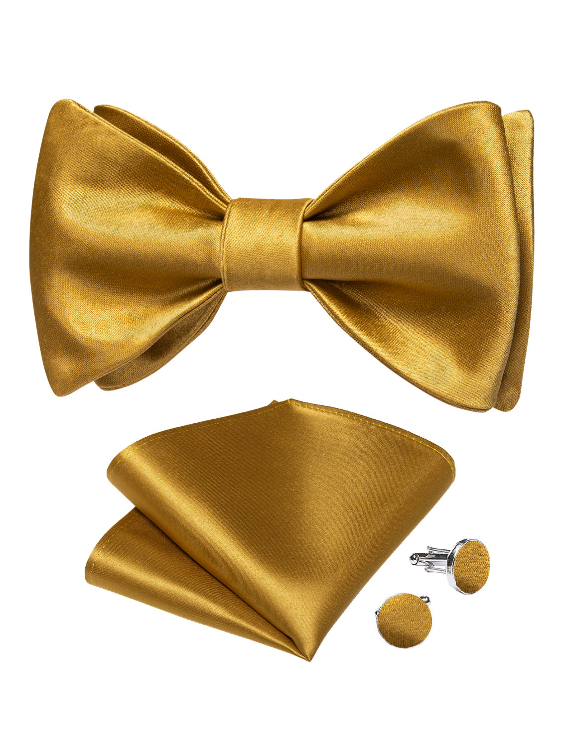 Golden Solid Silk Bowtie Pocket Square Cufflinks Set