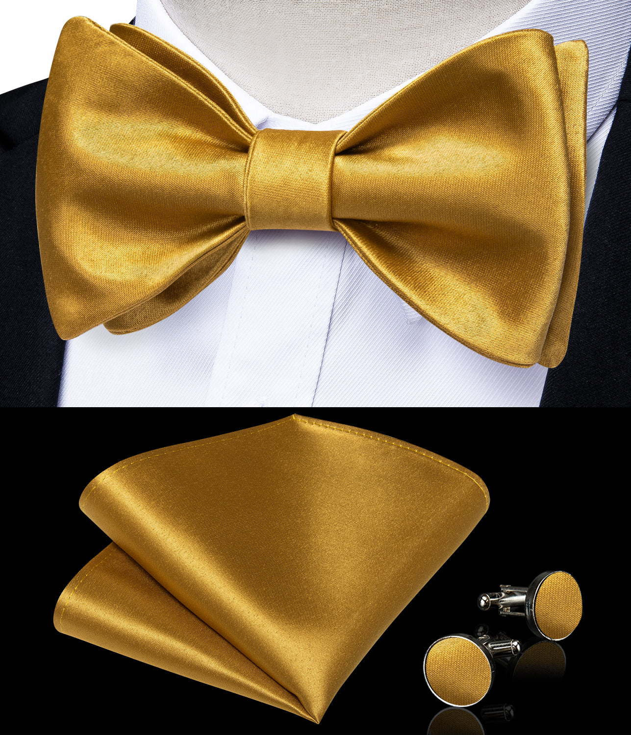 Golden Solid Silk Bowtie Pocket Square Cufflinks Set