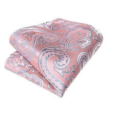 Pink Silver Floral Silk Bowtie Pocket Square Cufflinks Set