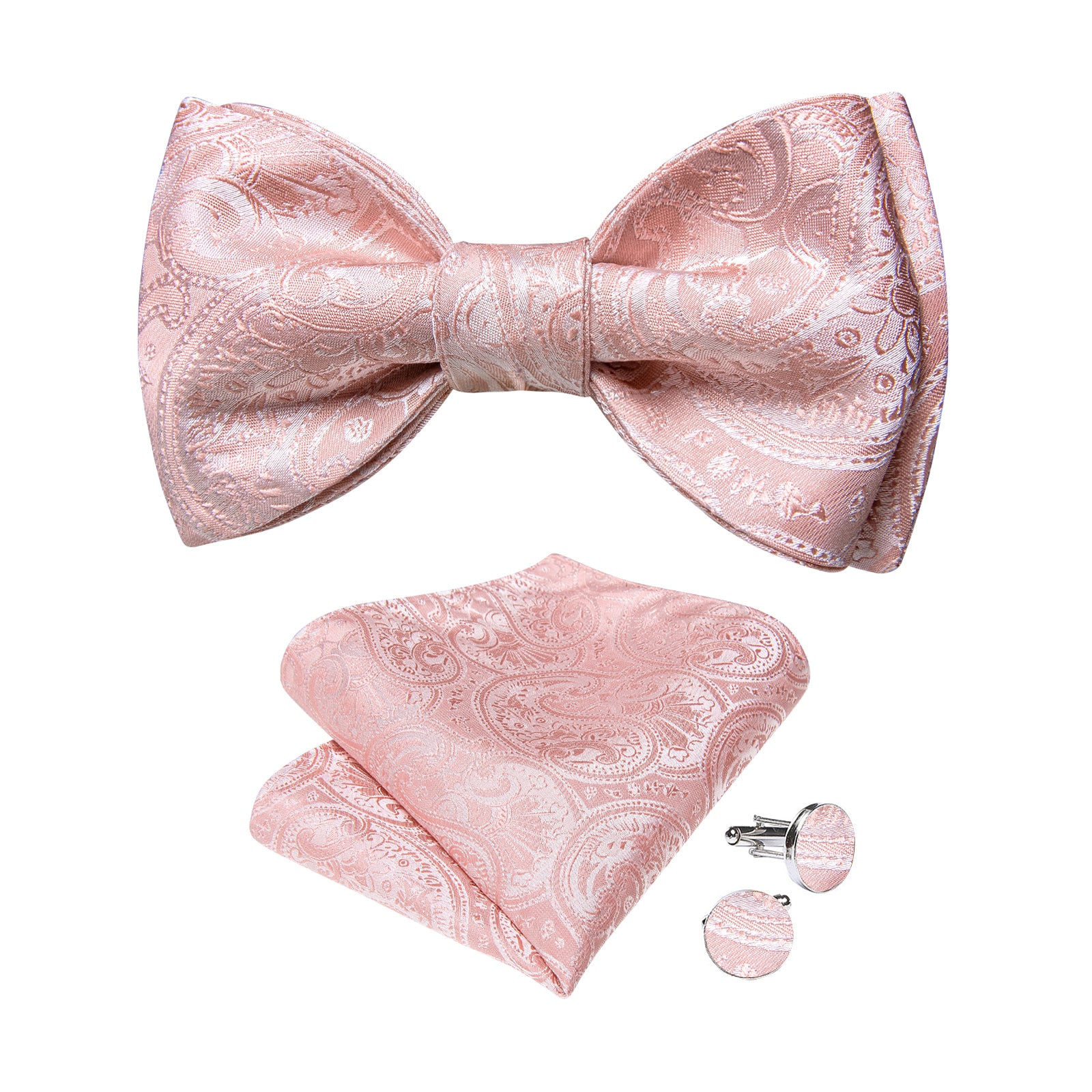 Pink Floral Silk Bowtie Pocket Square Cufflinks Set