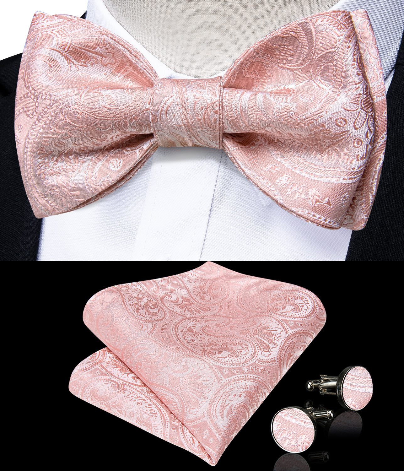 Pink Floral Silk Bowtie Pocket Square Cufflinks Set
